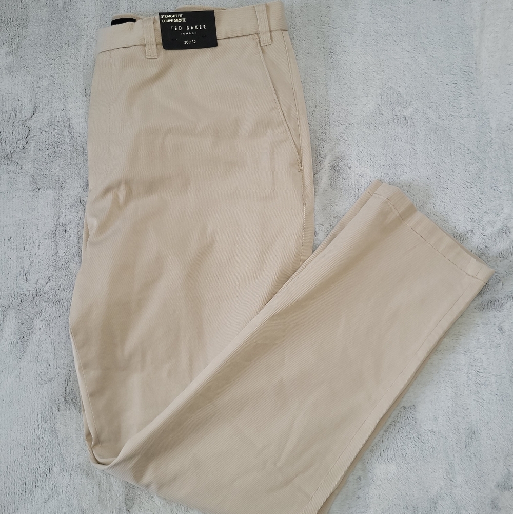 Ted Baker London Mens 38x32 Twill Chino Khaki Trousers Pants Beige Straight Fit